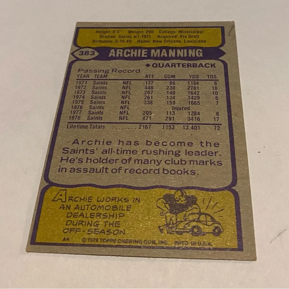 Archie Manning 1979 Topps Football Card #383 Vintage Collectible